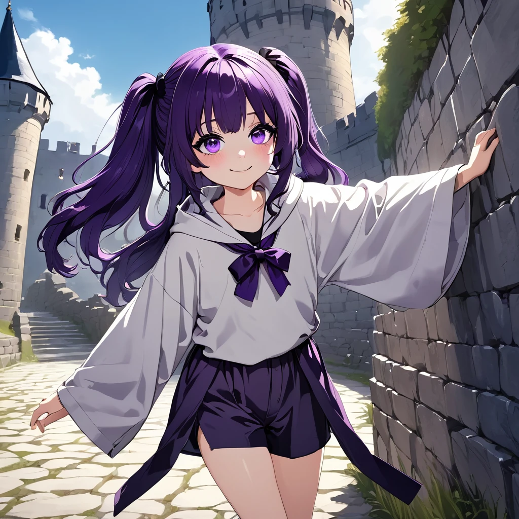 cheerful boy aristocrat open forehead. dark purple hair braided in a ponytail on the left side to one side. sinuous black horns wrapped in dark purple ribbon. pale violet eyes. in short dark purple shorts. long white T-shirt. dark purple knee-high socks. a white long robe with a hood flutters in the wind. black ancient stone walls of the castle purple light from lamps with gold ornaments, heterochromia, long curly hair, pale skin, I look at the viewer, closed mouth, bright smile, Beautiful, extremely detailed eye, Absolutely amazing art, extremely detailed, Digital art of the highest quality, full length, old piano, ancient walls of a stone castle