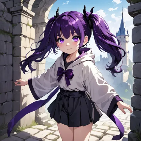 cheerful boy aristocrat open forehead. dark purple hair braided in a ponytail on the left side to one side. sinuous black horns ...