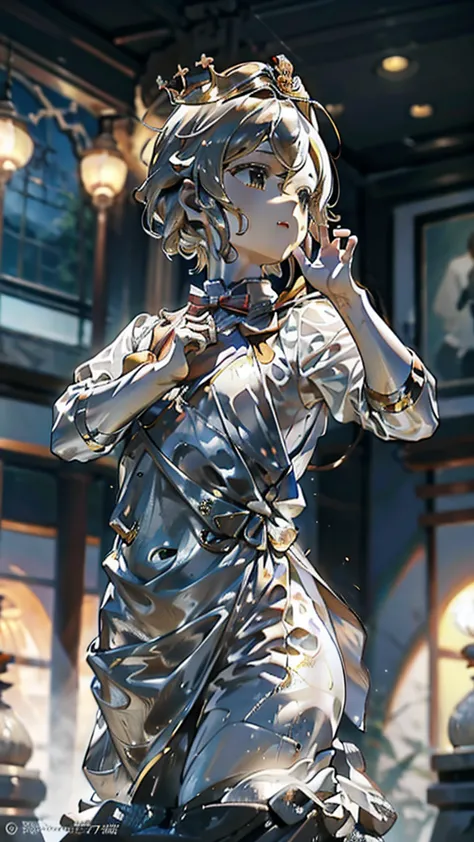 一个男孩的黄金statue旁边停着一只燕子。王子的黄金statue，prince style，prince costume，court dress，黄金statue，男孩的黄金statue，带着黄金冠冕的黄金statue，脚边停着一只燕子的黄金statue...