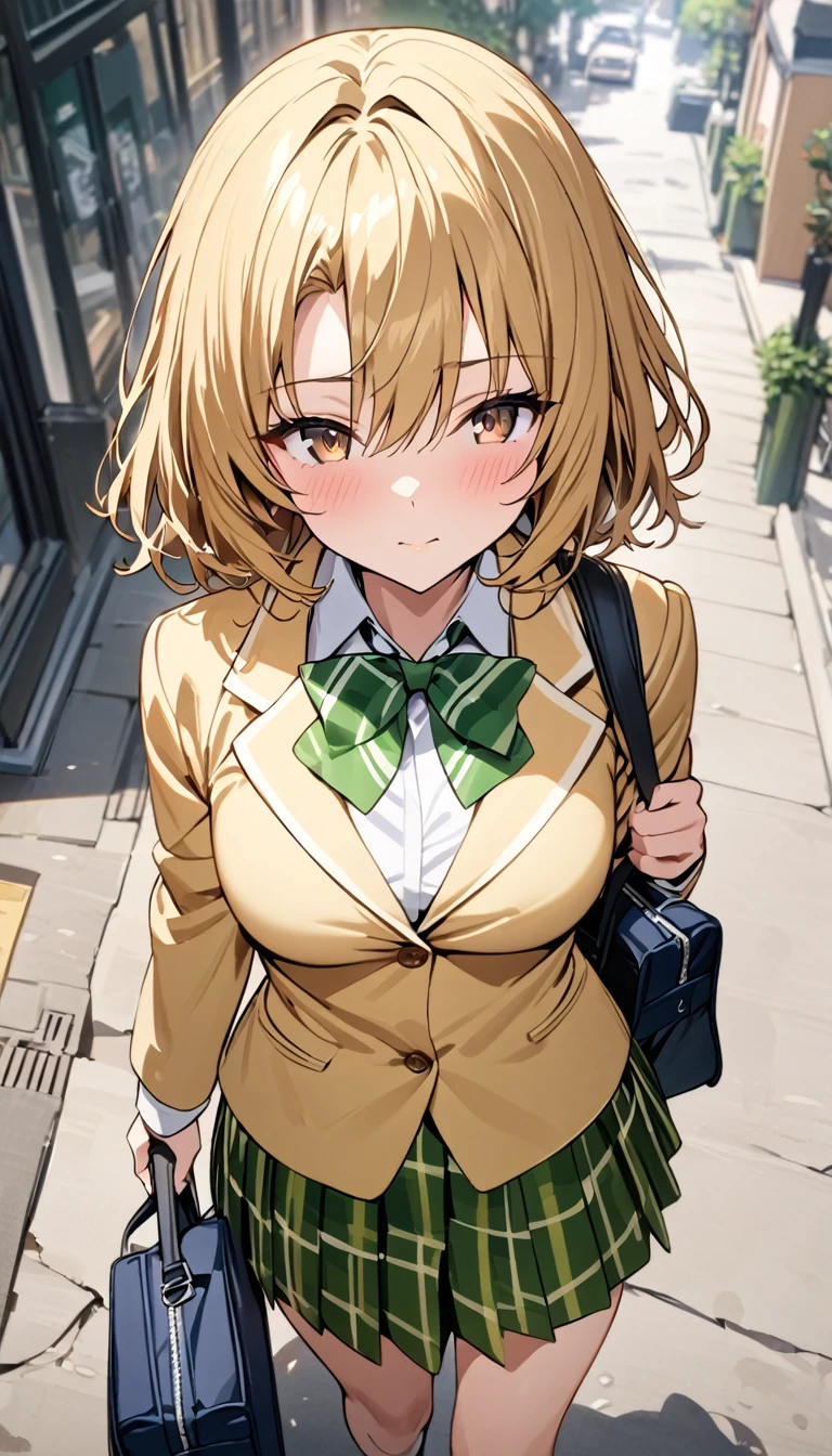 masterpiece, best quality, highres, 1girl, solo, blonde medium hair, brown eyes, , green bowtie, blazer, yellow jacket, long sleeves, plaid skirt, green skirt, walking on street,holding a school bag ,from above