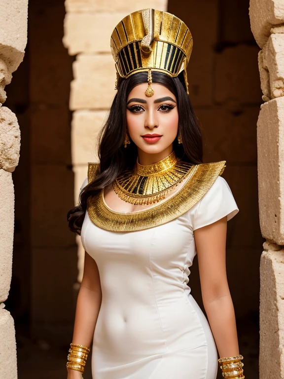 Arafed woman in a white dress and a golden headdress., hermosa Cleopatra, Egyptian princess, retrato de Cleopatra, Cleopatra, Egyptian, Egyptian style, Egyptian clothing, Cleopatra in her palace, Egyptian clothes, ancient princess Libu, android girl in Egyptian ruins, wearing an Egyptian crown, ancient Egyptian, retrato de Cleopatra, Beautiful goddess, pharaoh clothes, Egyptian makeup