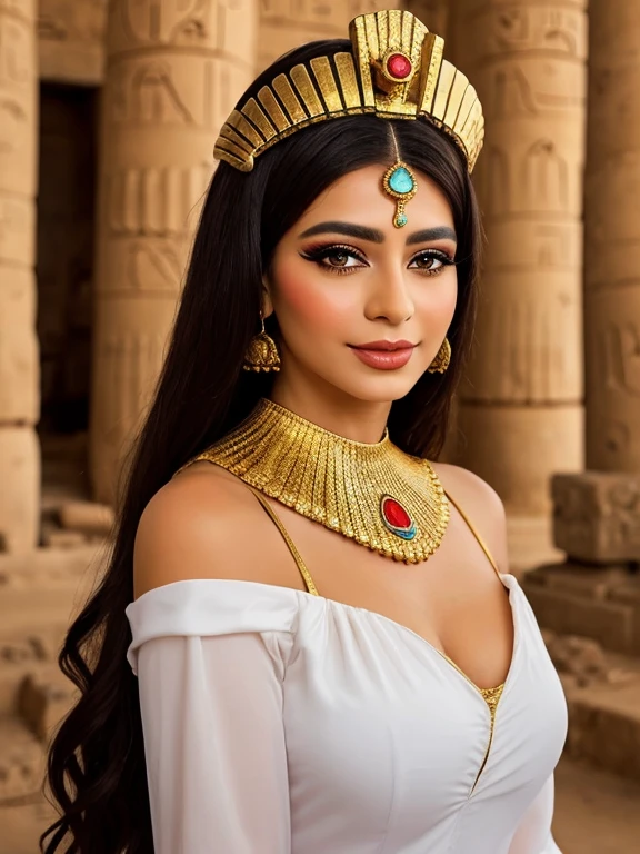 Arafed woman in a white dress and a golden headdress., hermosa Cleopatra, Egyptian princess, retrato de Cleopatra, Cleopatra, Egyptian, Egyptian style, Egyptian clothing, Cleopatra in her palace, Egyptian clothes, ancient princess Libu, android girl in Egyptian ruins, wearing an Egyptian crown, ancient Egyptian, retrato de Cleopatra, Beautiful goddess, pharaoh clothes, Egyptian makeup