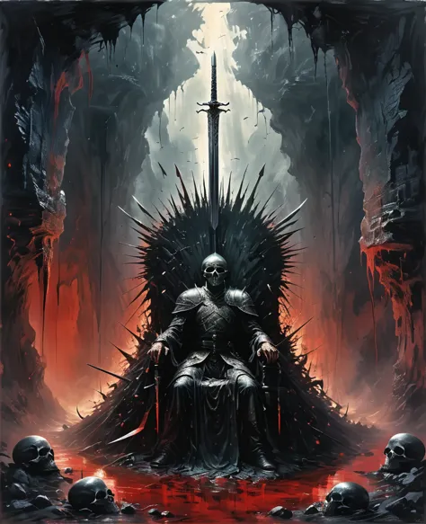 Cave，Underground Kingdom，Gothic style，A painting，(((Throne of Swords:1.37)))On a pile of skulls, Disturbing, crawl, gloomy, rott...