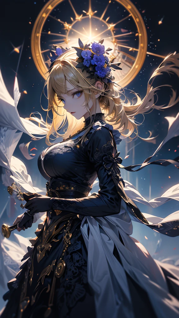 masterpiece, high quality, 4K, Beautiful design, silhouette，blonde， 非常に詳細な夜のStarry Sky,Flower Field， wonderful, Finer details,  Very knowledgeable woman, Highly detailed solo, 1 female,Big Breasts，Gothic Lolita Fashion，Night view，Starry Sky，full moon，