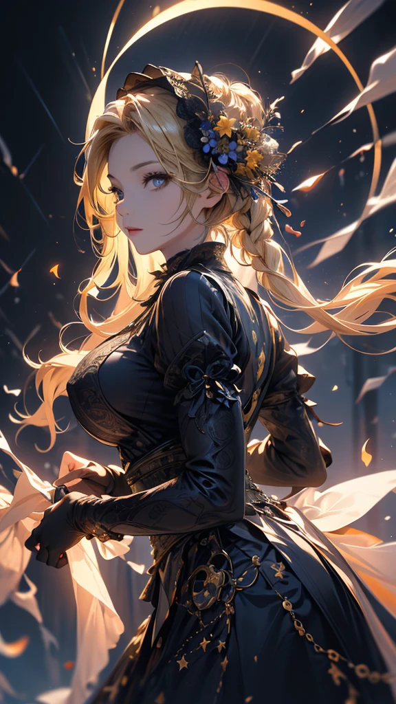 masterpiece, high quality, 4K, Beautiful design, silhouette，blonde， 非常に詳細な夜のStarry Sky,Flower Field， wonderful, Finer details,  Very knowledgeable woman, Highly detailed solo, 1 female,Big Breasts，Gothic Lolita Fashion，Night view，Starry Sky，full moon，