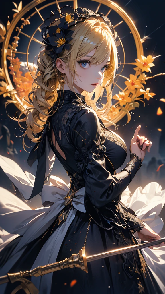 masterpiece, high quality, 4K, Beautiful design, silhouette，blonde， 非常に詳細な夜のStarry Sky,Flower Field， wonderful, Finer details,  Very knowledgeable woman, Highly detailed solo, 1 female,Big Breasts，Gothic Lolita Fashion，Night view，Starry Sky，full moon，