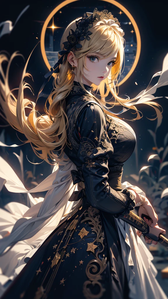 masterpiece, high quality, 4K, Beautiful design, silhouette，blonde， 非常に詳細な夜のStarry Sky,Flower Field， wonderful, Finer details,  Very knowledgeable woman, Highly detailed solo, 1 female,Big Breasts，Gothic Lolita Fashion，Night view，Starry Sky，full moon，