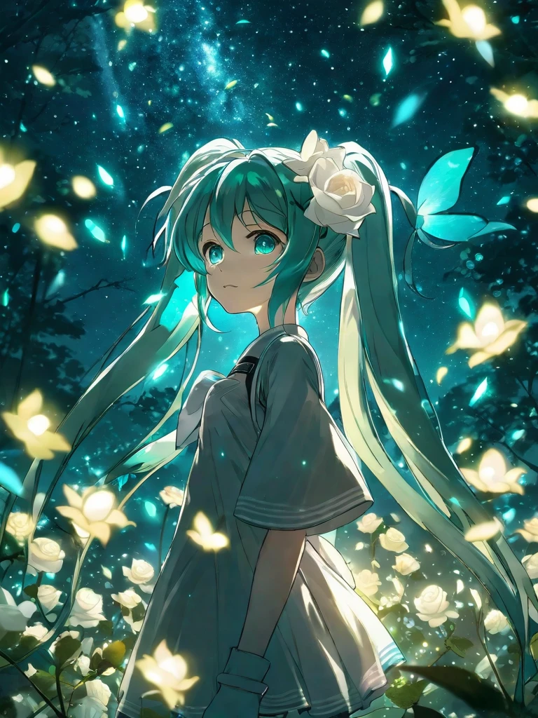 顔フォーカス, 傑作, 最高品質, 1人の女の子, Hatsune miku, 白いバラ, 花びら, 夜の背景, ホタル, 光粒子, 一人で, ツインテールのアクアヘア, アクアアイ, 立っている, ピクシブ, 被写界深度, 映画の構成, 最高の照明, 見上げる