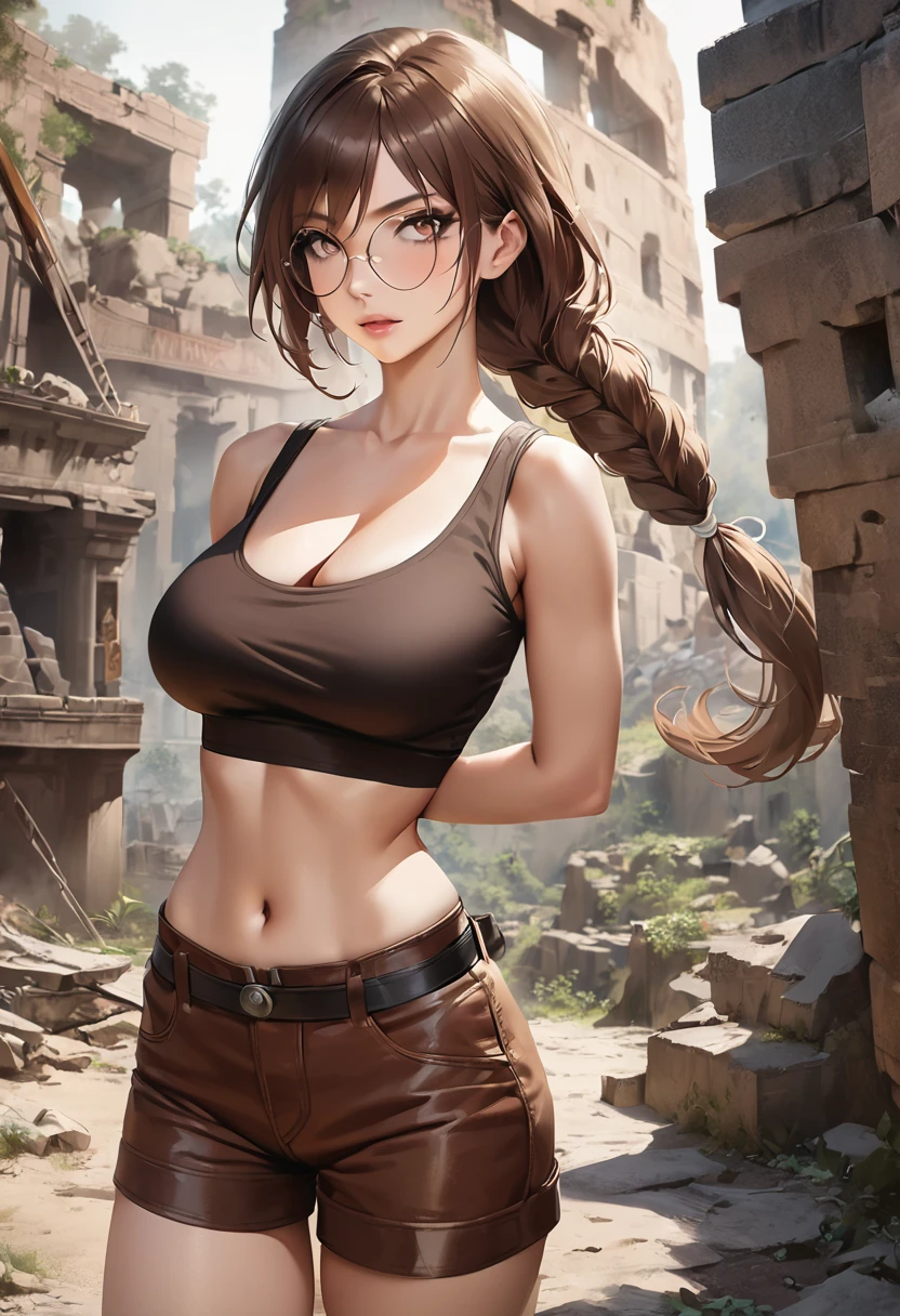 Masterpiece, best quality, 1girl, Lara Croft, classic tomb raider, olive crop top, brown shorts, round mirror glasses, brown hair, braided ponytail, long hair, in ancient ruins,  ((arms behind back)), looking at camera, cleavage, very busty, small waist, photographic, realistic 