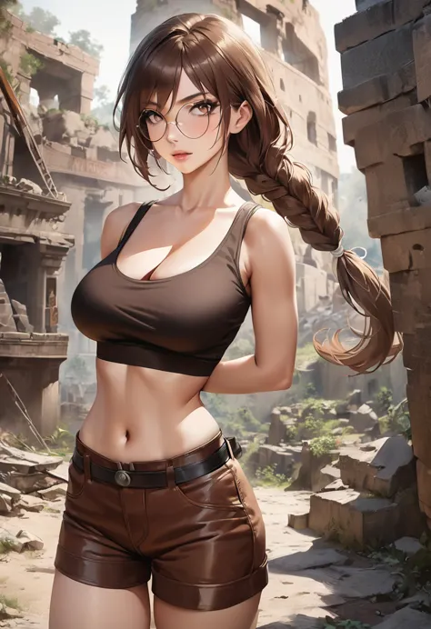 masterpiece, best quality, 1girl, lara croft, classic tomb raider, olive crop top, brown shorts, round mirror glasses, brown hai...