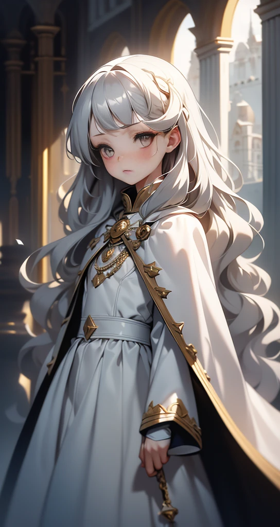 8K, (masterpiece), (High resolution), (dramatic), (Natural light), (small), 1 Girl, Flat Chest, , Gray Hair, Long Hair, Beautiful Hair, White clothes, dress, Long bangs, (( Cape)), White Skirt