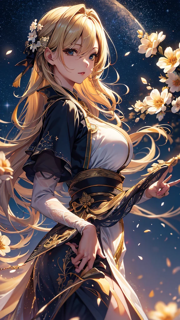 masterpiece, high quality, 4K, Beautiful design, silhouette，blonde， 非常に詳細な夜のStarry Sky,Flower Field， wonderful, Finer details,  Very knowledgeable woman, Highly detailed solo, 1 female,Big Breasts，dress，Night view，Starry Sky，full moon，