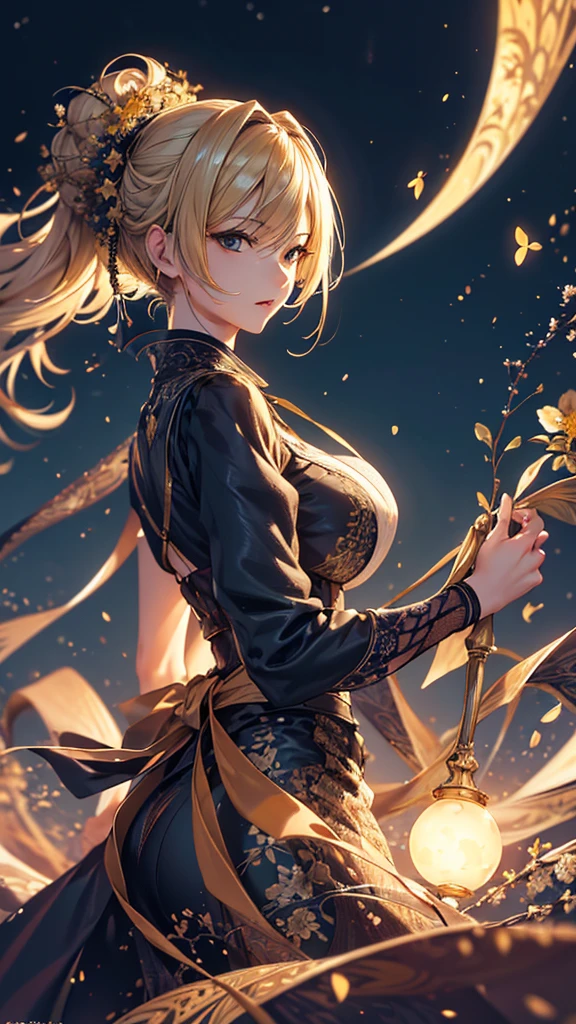 masterpiece, high quality, 4K, Beautiful design, silhouette，blonde， 非常に詳細な夜のStarry Sky,Flower Field， wonderful, Finer details,  Very knowledgeable woman, Highly detailed solo, 1 female,Big Breasts，dress，Night view，Starry Sky，full moon，