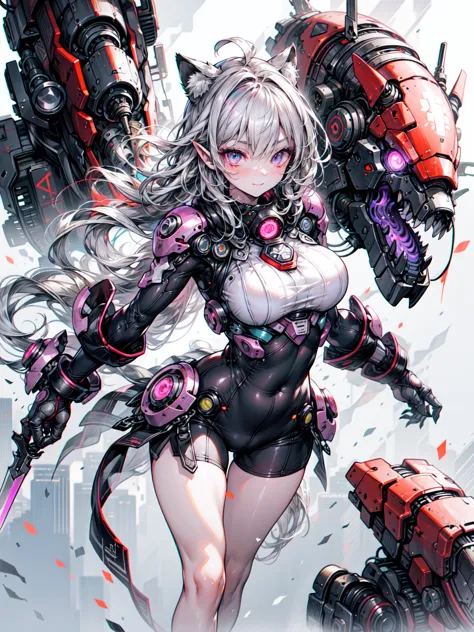 (one girl)、(plump beauty)、(gray hair)、(30 years old)、(best image quality)、(8k quality)、(cyber punk)、(tabletop)、 (flickering ligh...