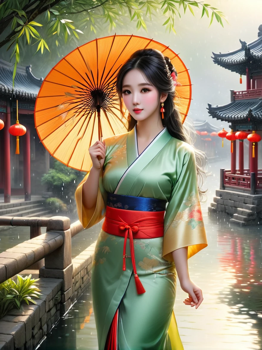 （Best quality，8K，high resolution，masterpiece:1.2），Ultra Detail，（lifelike，Photorealism，Photorealism:1.37），(Girl holding an oil-paper umbrella:1.3)，Girls Focus，Close shot，Stand on a small bridge，Running Water，Ancient Town，Jiangnan Scenery，antique，Spring rain，light rain，beauty，beauty细致的眼睛，beauty细致的嘴唇，Extremely detailed eyes and face，Long eyelashes，Chinese traditional clothing，Chinese Architecture，illustration，The image is bright，rich and colorful，Fine details