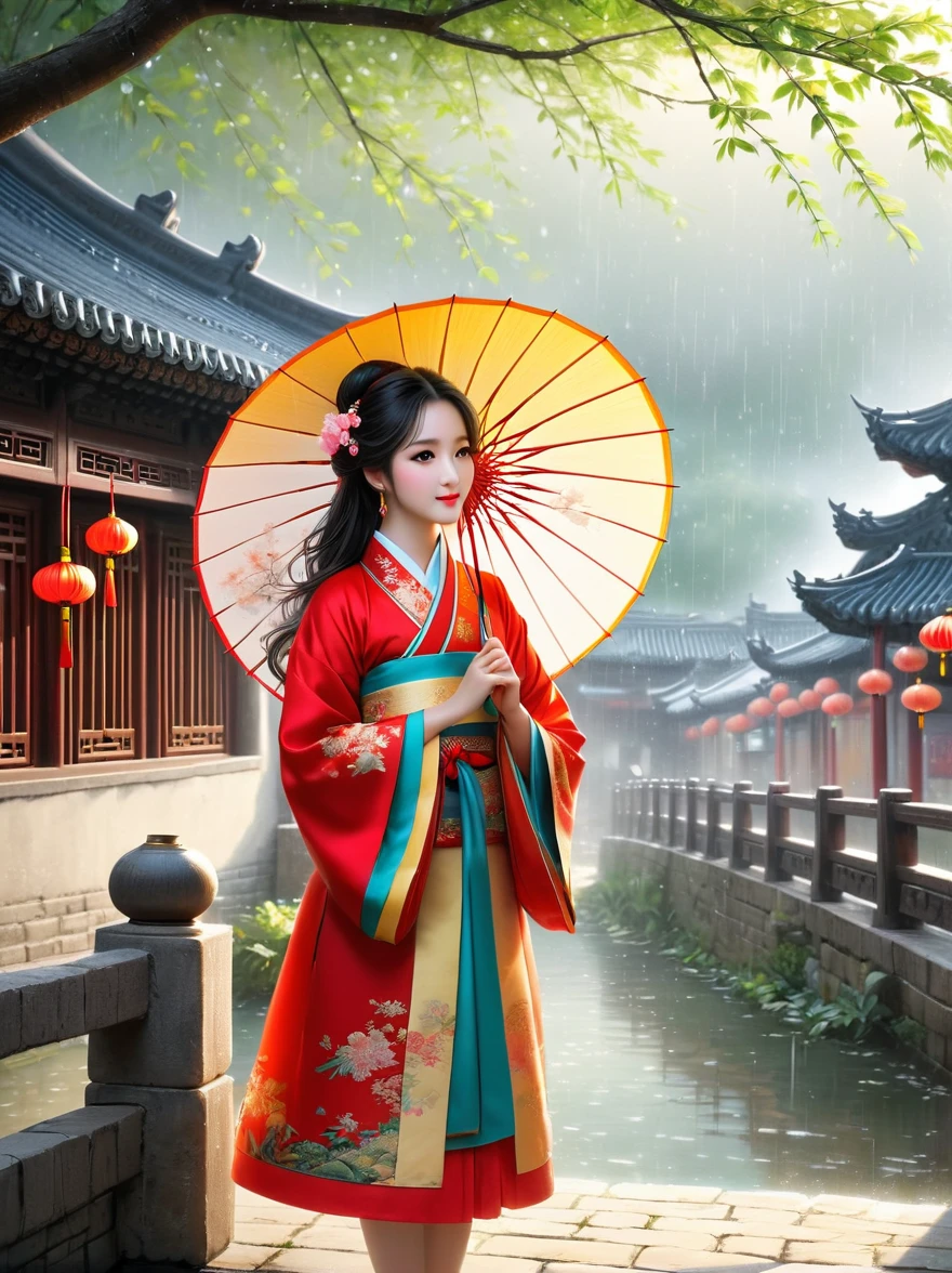 （Best quality，8K，high resolution，masterpiece:1.2），Ultra Detail，（lifelike，Photorealism，Photorealism:1.37），(Girl holding an oil-paper umbrella:1.3)，Girls Focus，Close shot，Stand on a small bridge，Running Water，Ancient Town，Jiangnan Scenery，antique，Spring rain，light rain，beauty，beauty细致的眼睛，beauty细致的嘴唇，Extremely detailed eyes and face，Long eyelashes，Chinese traditional clothing，Chinese Architecture，illustration，The image is bright，rich and colorful，Fine details