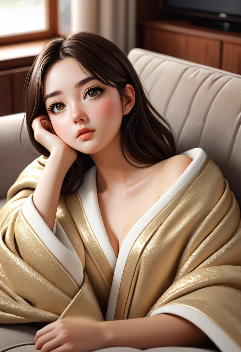 Gold and cosmo, Isabelle, Okumura Masanobu, symmetrical eyes, cute face, relaxing on a couch, cozy under a blanket, cozy living room, close up shot, 8K, octane render, trending on artstation, art by Artgerm and Edmund Blair Leighton, Brom, Charlie Bowater, WLOP, trending on deviantart