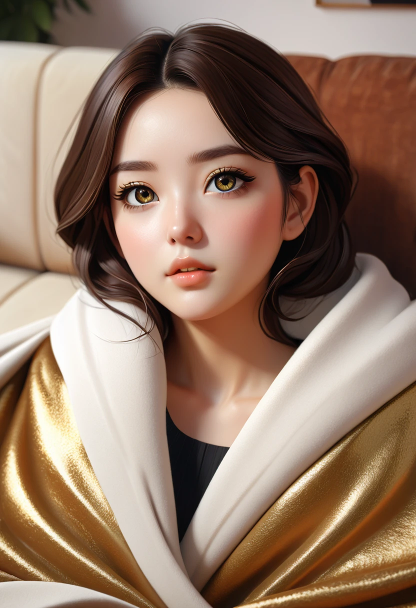 Gold and cosmo, Isabelle, Okumura Masanobu, symmetrical eyes, cute face, relaxing on a couch, cozy under a blanket, cozy living room, close up shot, 8K, octane render, trending on artstation, art by Artgerm and Edmund Blair Leighton, Brom, Charlie Bowater, WLOP, trending on deviantart