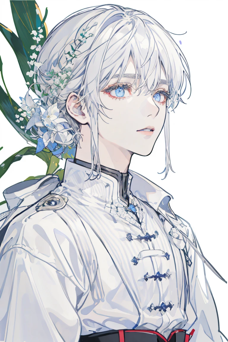 masterpiece, Best lighting, (((Super detailed))), Highest quality, lilac, Forest Fairy, Lily of the valley, ((The Mysterious Forest Boy)), Perfect Anatomy,  Cute Boys, Great body, The perfect proportions,  (((Face close-up))), (((vtuber-halfbodyl))、 Korean Eye Makeup, No background, Blank Background, ((((((White Background)))))))