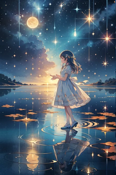 (Best Quality) (Best Masterpiece) Woman with long hair standing in moonlit sea, wearing white dress, sky shining with meteor sho...