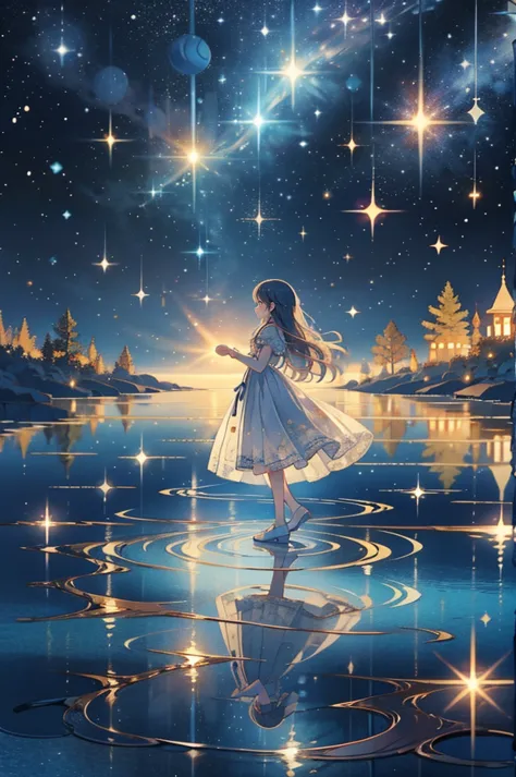 (Best Quality) (Best Masterpiece) Woman with long hair standing in moonlit sea, wearing white dress, sky shining with meteor sho...