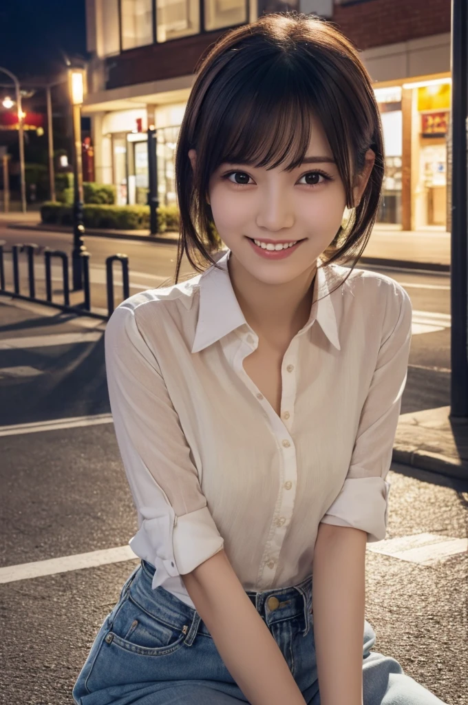 1 girl, (Wearing a light-colored shirt,:1.2), Very beautiful Japanese idol photos, 
(original photo, best quality), (actual, Realistic:1.4), (masterpiece), 
Very delicate and beautiful, Very detailed, 2k wallpaper, wonderful, finely, Very detailed CG Unity 8K 壁紙, Very detailed, High resolution, Soft Light, 
Beautiful and meticulous girl, Very detailed目と顔, Beautiful and detailed nose, finelyて美しい目, theater lighting, 
(A street corner at night:1.3),
(Parted bangs), 
Complete anatomy, Slender figure, Small Breasts, Smile