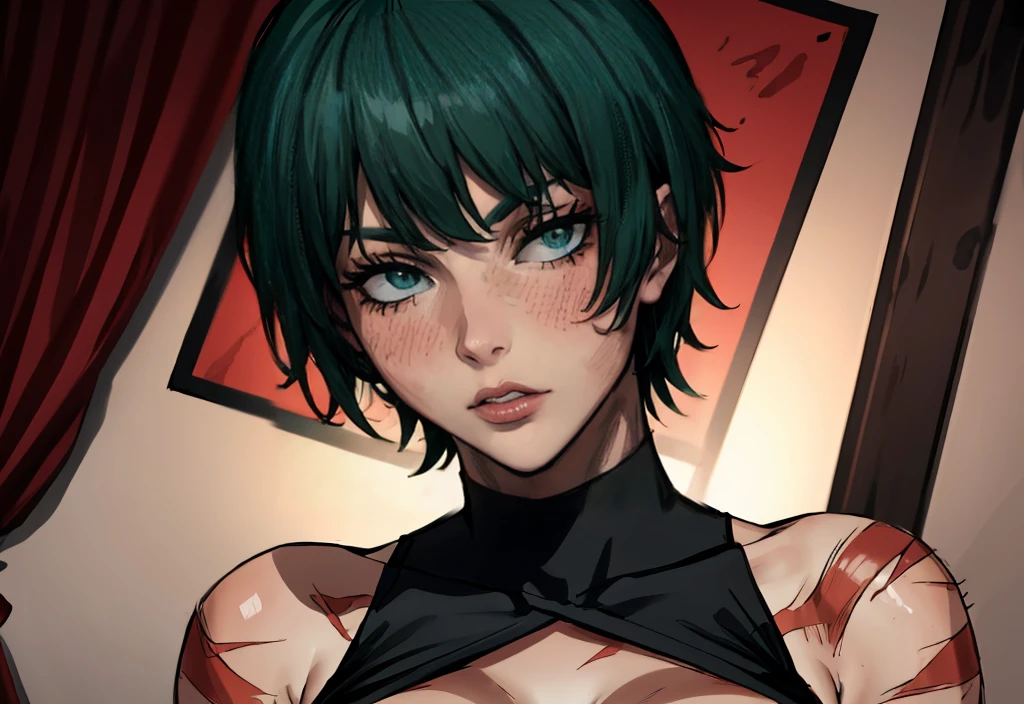 (masterpiece:1.2, best quality:1.2, beautiful, high quality, highres:1.1), detailed, short hair, short fluffy hair, short green hair, extremely detailed 4K, perfect eyes, perfect face, scars on body, scars on face, dangerous, exotica, bandage on eye, scar on eye, Maki Zenin, scar on body, very short hair, circle glasses, Maki Zenin LoRA, black shirt, scar on eye, scars, sleeveless, crop top, beautiful face, perfect lighting, (1girl, solo, adult female, mature female), thin, lithe body, Maki Zenin, green hair, glasses, (big breasts), ((sensual seductive))