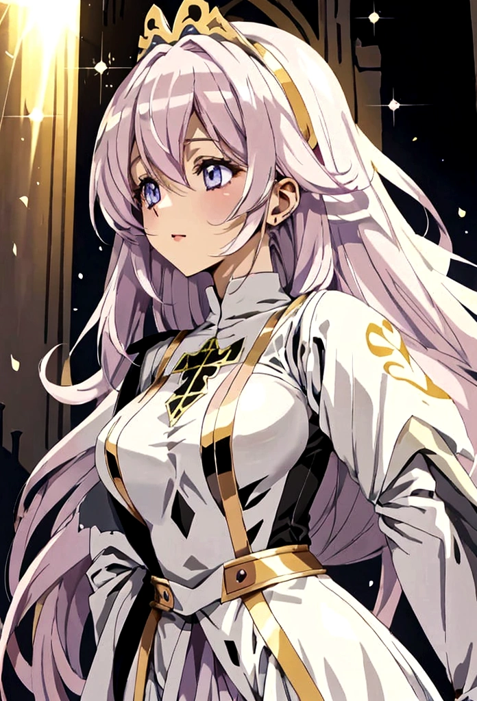 anime styling, best quality, pale white woman, Very Long Pastel Pink Hair, some wavy locks, bangss, purples eyes, nun, dressed in royal clothes in black and white tones full of golden details, body covered. Ela está orando com uma serious expression no rosto. The background must be illuminated by a holy light, with light particles floating in the air, to create a serene and spiritual environment. Medieval RPG theme. Whole body standing. Concept Art, Pose Model Sheet, from front view, lateral view, happy expression, serious expression, sad expression.
