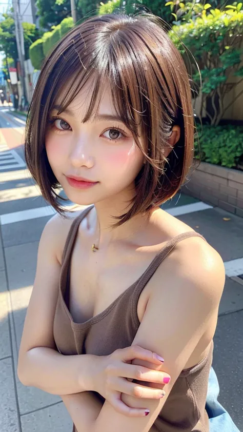 (((Definitely shoulder length, short, Straight Brown Bob)))、(((In her background is a summer park、Pose like a model at the beaut...