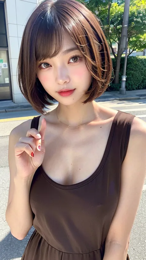 (((Definitely shoulder length, short, Straight Brown Bob)))、(((In her background is a summer park、Pose like a model at the beaut...