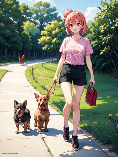 masterpiece, high quality, yuigahama yui walking in the park, (dachshund dog), holding red leash, stone path, grass, black short...