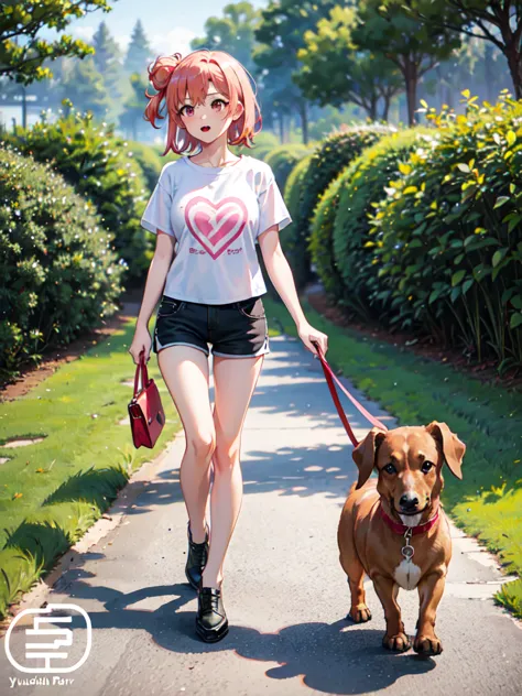 masterpiece, high quality, yuigahama yui walking in the park, (dachshund dog), holding red leash, stone path, grass, black short...