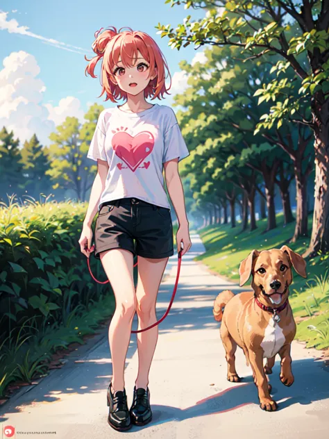 masterpiece, high quality, yuigahama yui walking in the park, (dachshund dog), holding red leash, stone path, grass, black short...