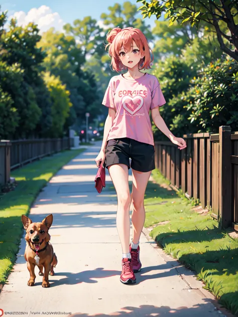 masterpiece, high quality, yuigahama yui walking in the park, (dachshund dog), holding red leash, stone path, grass, black short...