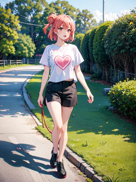 masterpiece, high quality, yuigahama yui walking in the park, holding red leash, stone path, grass, black shorts, short pink hai...