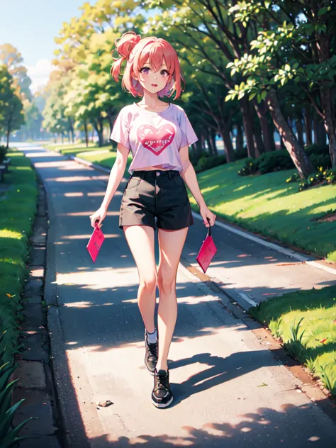 masterpiece, high quality, yuigahama yui walking in the park, holding red leash, stone path, grass, black shorts, short pink hai...