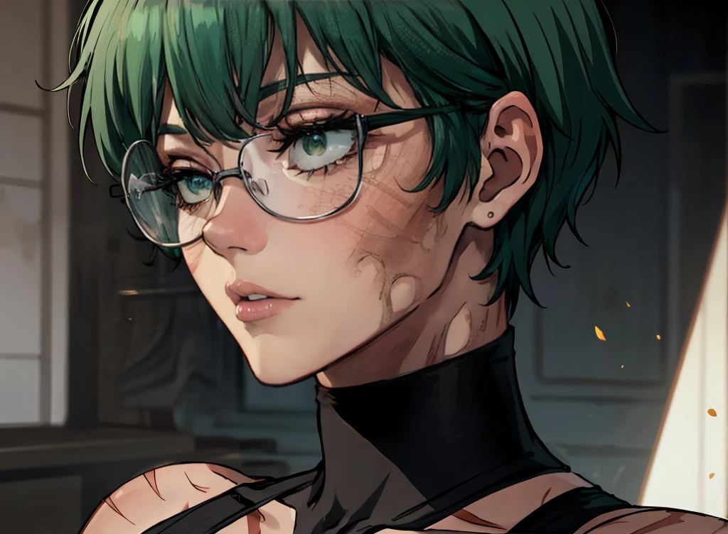 (masterpiece:1.2, best quality:1.2, beautiful, high quality, highres:1.1), detailed, short hair, short fluffy hair, short green hair, extremely detailed 4K, perfect eyes, perfect face, bangs, really short hair, scars on body, Maki Zenin eyes, perfect eyes, scars on face, dangerous, exotica, scar on face, scar on cheeks, visible scars on cheeks, bandage on eye, scar on eye, Maki Zenin, scar on body, very short hair, circle glasses, dark scars on face, Maki Zenin LoRA, black shirt, scar on eye, scars, sleeveless, crop top, beautiful face, perfect lighting, (1girl, solo, adult female, mature female), thin, lithe body, Maki Zenin, green hair, glasses, (big breasts), ((sensual seductive))