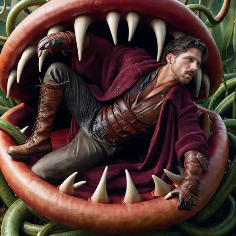 Roman Todd, huge muscles, black facial hair, wide open eyes, leather gloves, leather boots, tentacles