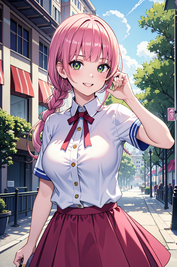 best image quality, masterpiece, ultra detailed, exquisite, cowboy shot, high quality, Beautiful art, One Girl, looking at viewers, hand on hip, ((18 years old, Big Breasts, Giant bust:1.2)), fair skin, beautiful skin, Detailed teeth, Light green eye rest, beautiful eyes, twinkle(in the eyes), Pink Hair, Pink French Braid, thin, smile, Heartily laugh, Fashionable clothes、(white blouse:1.1)、White collared shirt, dark blue skirt, (Short sleeve shirt:1.1),from above, Shibuya、In town