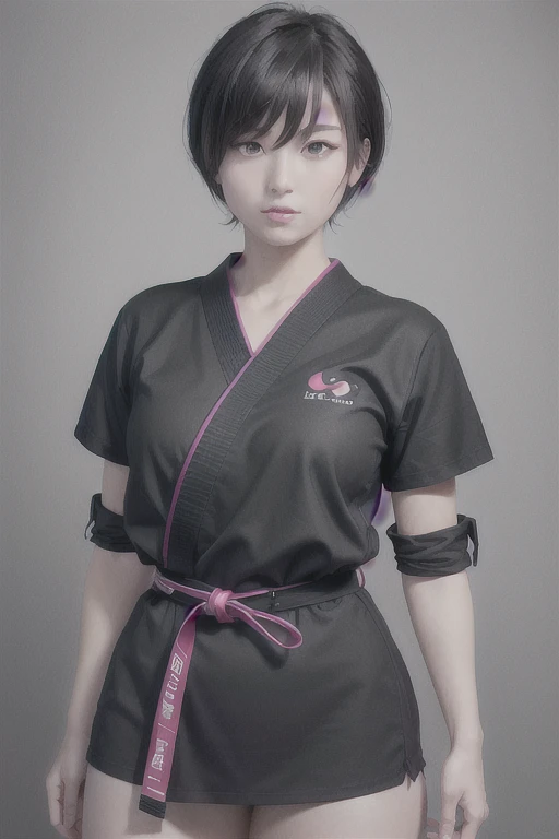 high quality,High resolution,8K,Sharp lines,1 Girl,Female karate player,Empty-handed,Uniform,Black belt,Short Hair,Cute face, Large Breasts, Beautiful legs,((Karate Dojo)),Focus Girl,Beautiful face in every detail,Detailed clothing,Beautiful Eyes,Dynamic Angle,neon