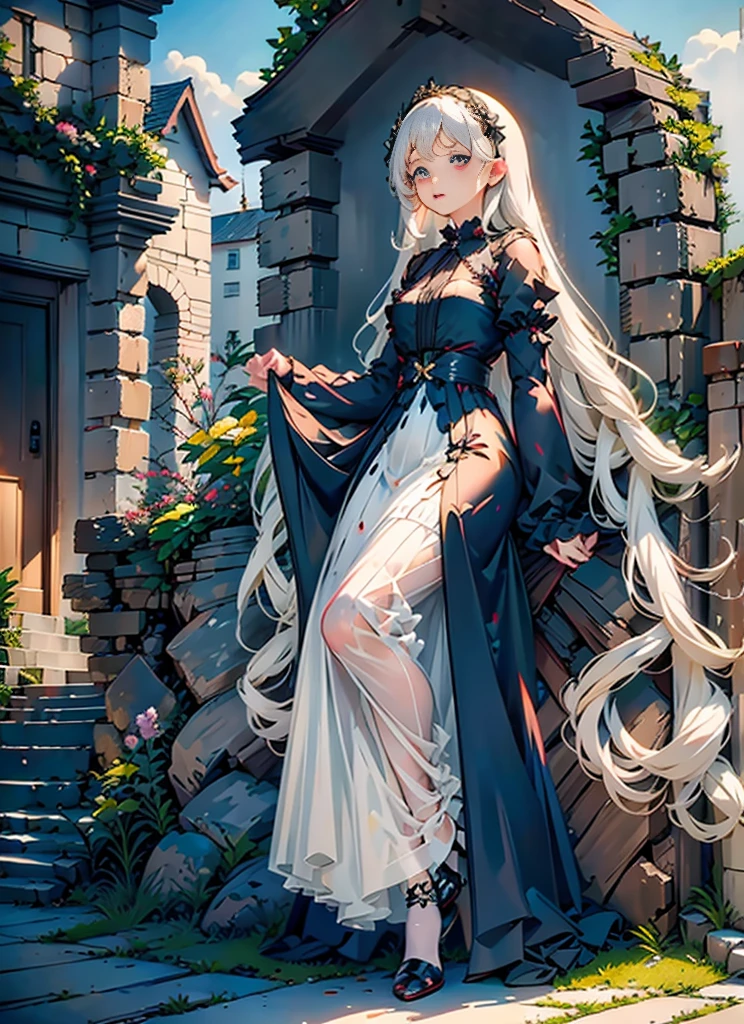 (Extremely delicate and beautiful:1.5),A Russian girl in her early 20s with ash grey hair, standing on your feet, solo, full body，Sweet face，Light smile，By bangs, Gemstone eyes, Contre-Jour，Long curly hair, Black-gothic-lolita dress, Keep one's mouth shut, seen from the side, Lanterns, light particules, longer sleeves, looking at viewert，pink bows, The background is filled with seven color lays, The face is dense((must)), Masterpiece, Dark fantasy((must))