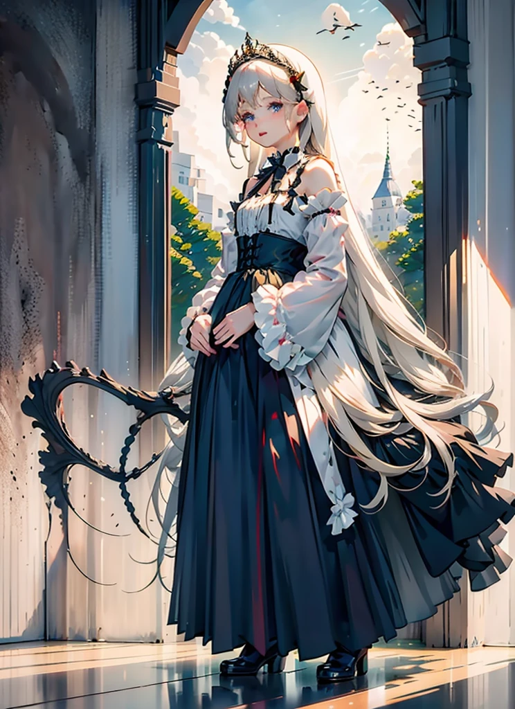 (Extremely delicate and beautiful:1.5),A Russian girl in her early 20s with ash grey hair, standing on your feet, solo, full body，Sweet face，Light smile，By bangs, Gemstone eyes, Contre-Jour，Long curly hair, Black-gothic-lolita dress, Keep one's mouth shut, seen from the side, Lanterns, light particules, longer sleeves, looking at viewert，pink bows, The background is filled with seven color lays, The face is dense((must)), Masterpiece, Dark fantasy((must))