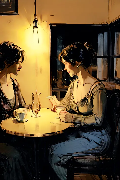 Top quality, open poster of a café, ((cozy atmosphere, fashionable, mood)), two people talking over a cup of tea, bright atmosph...