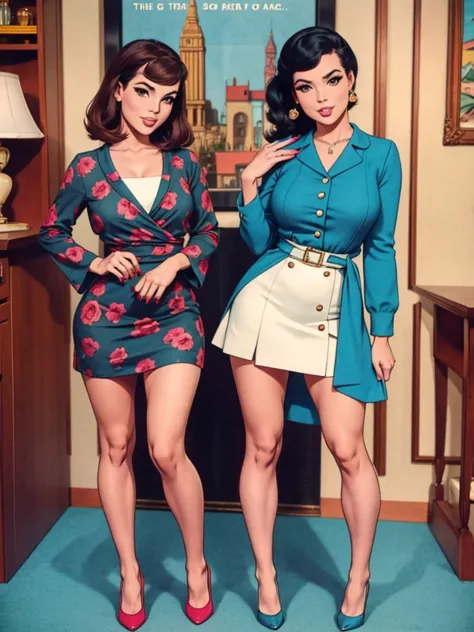 two fashionable young women posing for a picture, retro 60s girls fashion