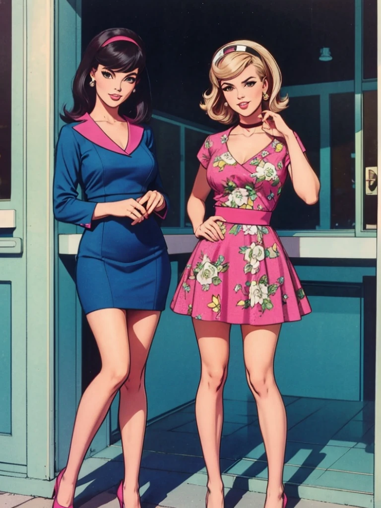 two fashionable young women posing for a picture, retro 60s girls fashion