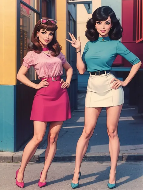 two fashionable young women posing for a picture, retro 60s girls fashion