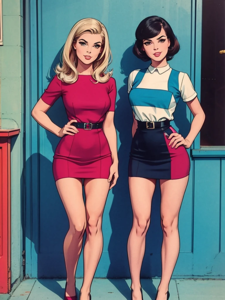 two fashionable young women posing for a picture, retro 60s girls fashion