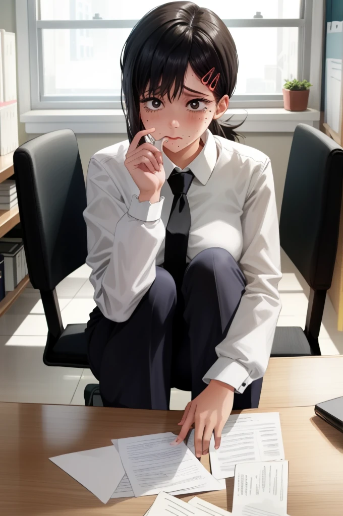 (masterpiece, best quality),  intricate details,
1girl,   kobenidef, short ponytail, hairclip, formal, suit, black necktie, long sleeves, black pants, 
indoors, office, working, professional, desk, paperwork,