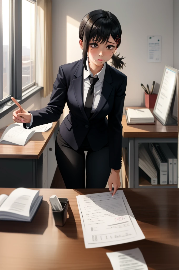 (masterpiece, best quality),  intricate details,
1girl,   kobenidef, short ponytail, hairclip, formal, suit, black necktie, long sleeves, black pants, 
indoors, office, working, professional, desk, paperwork,