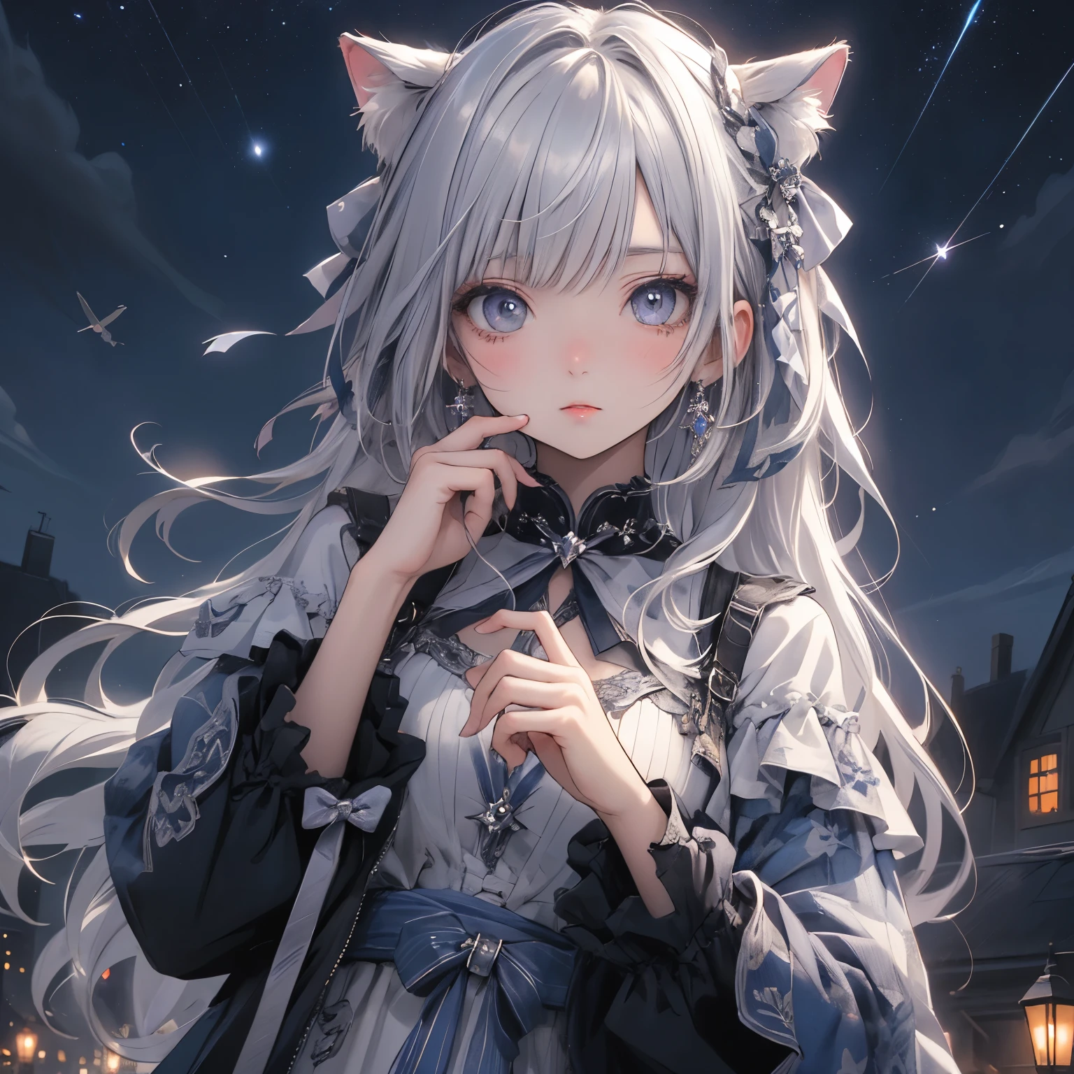 (masterpiece), Highest quality, Ultra-high resolution,Cat with silver ribbon、Silver colored hair、Silver colored eyes、Silver colored clothes、UFO、Hold your hand over your mouth in surprise、Night Sky
